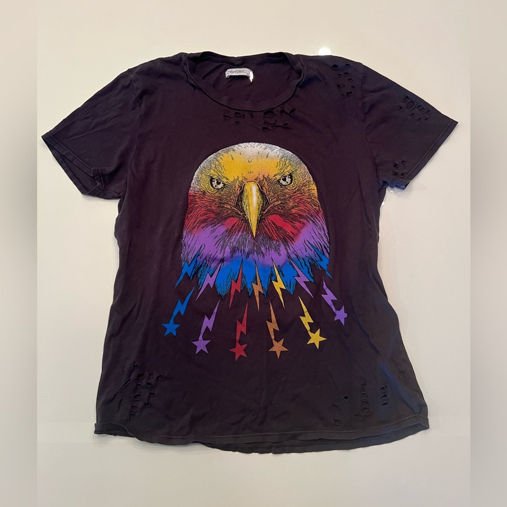 Lauren Moshi Lighting Eagle Distressed Black Graphic Tee XS